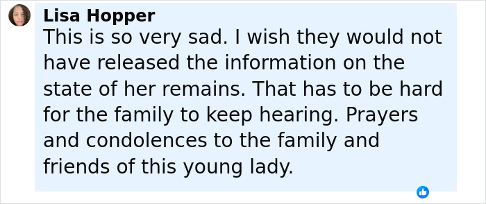 Comment from Lisa Hopper expressing sadness and condolences related to wild findings connecting singer to missing girl&rsquo;s body.