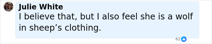 Facebook comment by Julie White expressing skepticism and calling someone a wolf in sheep’s clothing, related to Candace Owens and Charlie Kirk. Facebook comment by Julie White expressing skepticism and calling someone a wolf in sheep’s clothing, related to Candace Owens and Charlie Kirk.