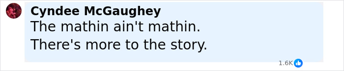 Comment from Cyndee McGaughey saying the math isn’t math and there’s more to the story, about Charlie Kirk controversy. Comment from Cyndee McGaughey saying the math isn’t math and there’s more to the story, about Charlie Kirk controversy.