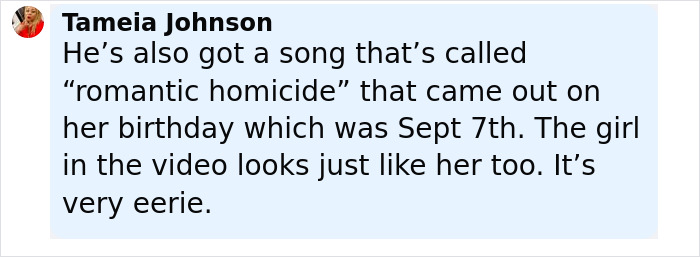 Screenshot of comment by Tameia Johnson discussing a singer's song related to a girl missing for over a year case.