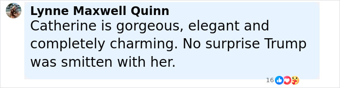 Comment praising Kate Middleton's elegance and mentioning Trump's admiration for her at a formal event. Comment praising Kate Middleton's elegance and mentioning Trump's admiration for her at a formal event.
