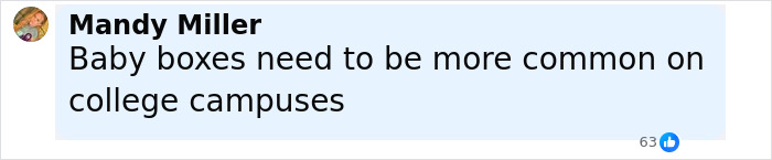 Comment on social media post about motherhood discussing baby boxes on college campuses with 63 likes.