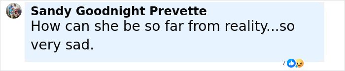 Comment by Sandy Goodnight Prevette expressing sadness about someone's detachment from reality on a social media post about motherhood.