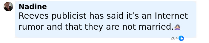 Screenshot of a social media comment denying marriage rumors about Keanu Reeves and his girlfriend.