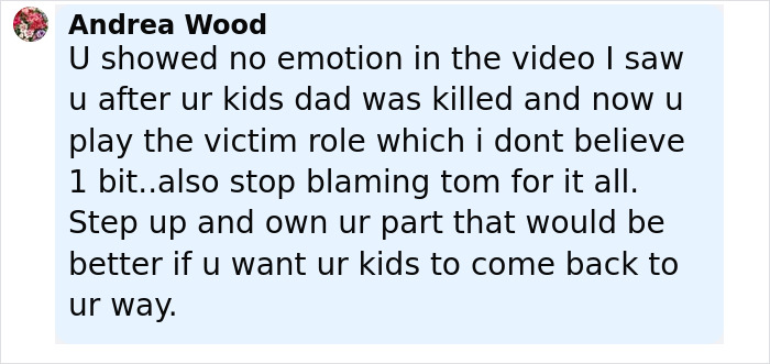 Screenshot of a social media comment criticizing a mom of kids who vanished into wilderness after photos of campsite released.