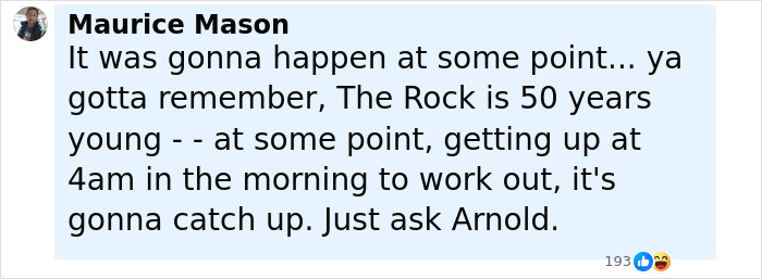 Comment by Maurice Mason discussing fans defending Dwayne Johnson's slim look and health concerns.