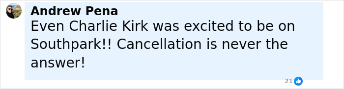 Screenshot of a comment about Charlie Kirk expressing excitement over a South Park episode, sparking viewer outrage.