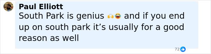 Comment praising South Park's genius, reflecting viewers' reactions to the eerie Charlie Kirk episode controversy.