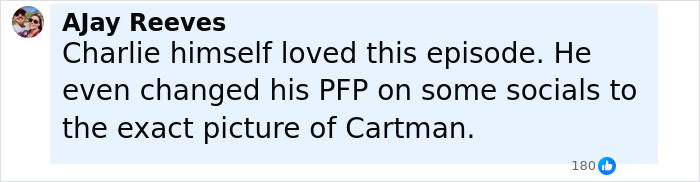 Comment by Ajay Reeves praising South Park episode about Charlie Kirk, sparking viewer anger over eerie content.