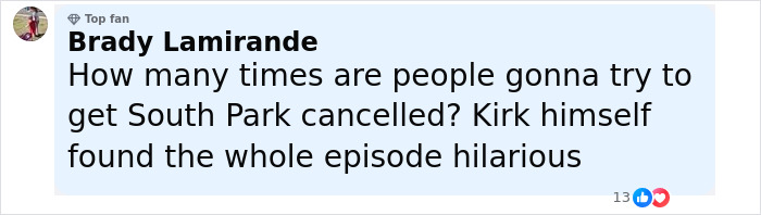 Comment from a South Park viewer discussing the controversy over the eerie episode about Charlie Kirk.