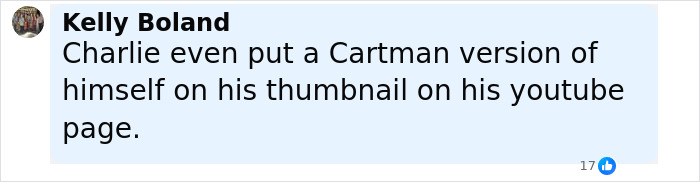 Comment from Kelly Boland about Charlie Kirk referencing a Cartman version on his YouTube page, related to South Park viewers.