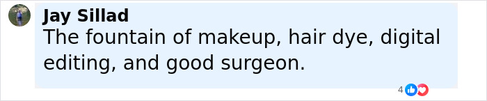 Comment by Jay Sillad saying the fountain of makeup, hair dye, digital editing, and good surgeon in a Facebook post about Martha Stewart plastic surgery rumors.
