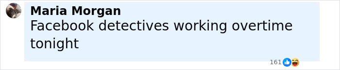 Comment by Maria Morgan saying Facebook detectives working overtime tonight on a social media platform.