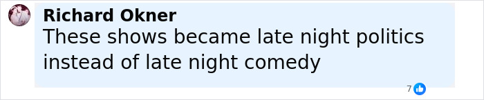 Comment by Richard Okner criticizing late night shows shifting focus from comedy to politics in a discussion on Jay Leno reacting to Jimmy Kimmel suspension.