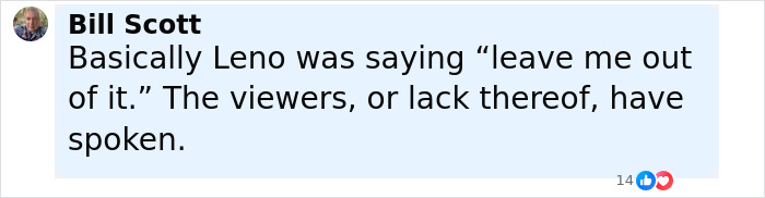 Comment from Bill Scott discussing Jay Leno&rsquo;s reaction related to Jimmy Kimmel&rsquo;s suspension and offensive Charlie Kirk remarks.