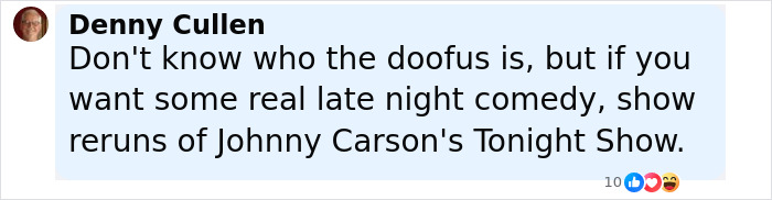 Screenshot of a social media comment reacting to Jimmy Kimmel's suspension and Jay Leno's response.
