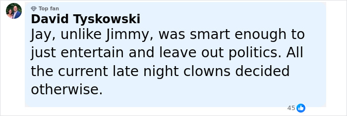 Comment by David Tyskowski discussing Jay Leno's approach compared to Jimmy Kimmel amid suspension controversy.