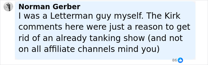 Comment from Norman Gerber discussing Jimmy Kimmel suspension and offensive Charlie Kirk remarks in a social media post.