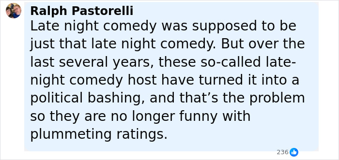 Text comment on blue background discussing late night comedy and political bashing, related to Jay Leno and Jimmy Kimmel suspension.