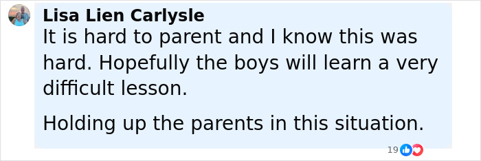 Comment from Lisa Lien Carlysle praising two mothers being applauded for turning in their children aged 12 and 13 to police.