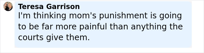 Comment by Teresa Garrison expressing opinion on mothers&rsquo; punishment for turning in their children aged 12 and 13 to police.
