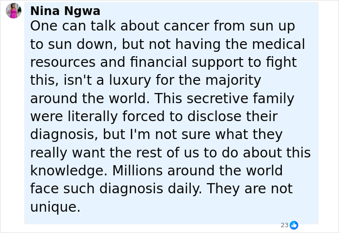 Comment discussing cancer awareness and the challenges of medical and financial support in fighting incurable cancer.