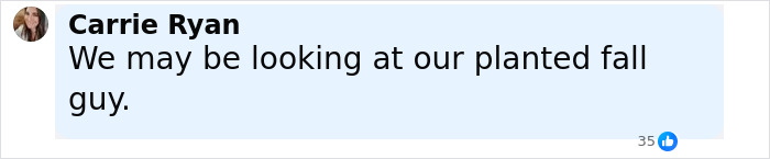 Comment from Carrie Ryan mentioning a possible planted fall guy related to Mystery Bearded Man in Crowd During Charlie Kirk's Attack.