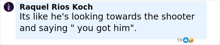 Comment by Raquel Rios Koch discussing a mystery bearded man looking back during Charlie Kirk's attack.