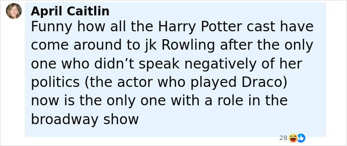 Comment by April Caitlin criticizing Harry Potter cast members' views on J.K. Rowling amid ongoing public dispute. Comment by April Caitlin criticizing Harry Potter cast members' views on J.K. Rowling amid ongoing public dispute.