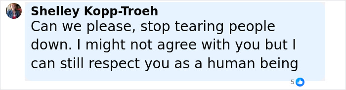Comment by Shelley Kopp-Troeh discussing respect and stopping negativity toward others in an online conversation about Jennifer Lopez and Gwen Stefani.
