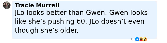Screenshot of social media comment where a fan compares Jennifer Lopez&rsquo;s new look to Gwen Stefani, noting their appearances.