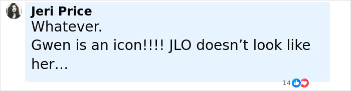 User comment about fans mistaking Jennifer Lopez for Gwen Stefani, discussing white lady look confusion.
