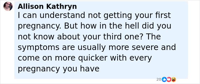 Screenshot of a social media comment discussing a woman who didn't know she was pregnant with her third child.