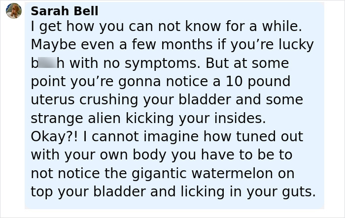Woman surprised by pregnancy, unaware until delivery, discussing symptoms and unusual body changes in a chat message.