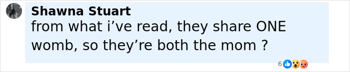 Comment about conjoined twins Abby and Brittany sharing one womb, questioning who would be the mom after seen with a baby.