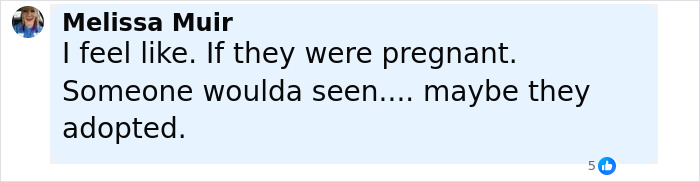 Comment by Melissa Muir discussing pregnancy and adoption related to conjoined twins Abby and Brittany after being seen with a baby.