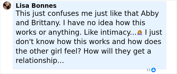 Screenshot of a social media comment expressing confusion over intimacy in conjoined twin Carmen Andrade&rsquo;s relationship with her husband.