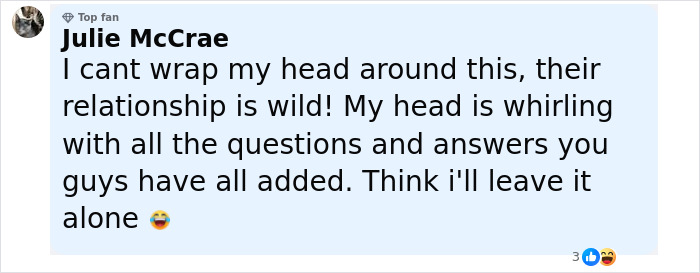 Comment from Julie McCrae expressing amazement at the wild relationship of conjoined twin Carmen Andrade and her husband.