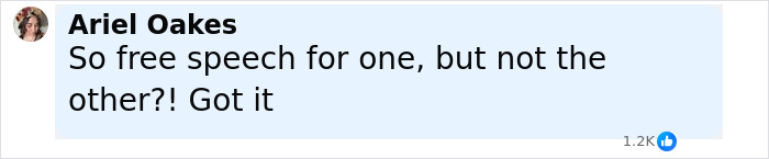 Comment from Ariel Oakes reacting to free speech issues related to Jimmy Kimmel and his show's suspension, with 1.2K likes. Comment from Ariel Oakes reacting to free speech issues related to Jimmy Kimmel and his show's suspension, with 1.2K likes.
