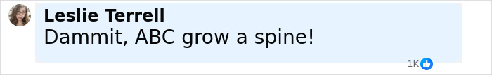 Comment by Leslie Terrell with text Dammit, ABC grow a spine, discussing reactions to Jimmy Kimmel show suspension and Hollywood stars. Comment by Leslie Terrell with text Dammit, ABC grow a spine, discussing reactions to Jimmy Kimmel show suspension and Hollywood stars.