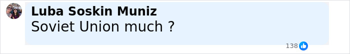 Comment by Luba Soskin Muniz questioning Soviet Union reference, related to Jimmy Kimmel show suspension and Hollywood reaction. Comment by Luba Soskin Muniz questioning Soviet Union reference, related to Jimmy Kimmel show suspension and Hollywood reaction.