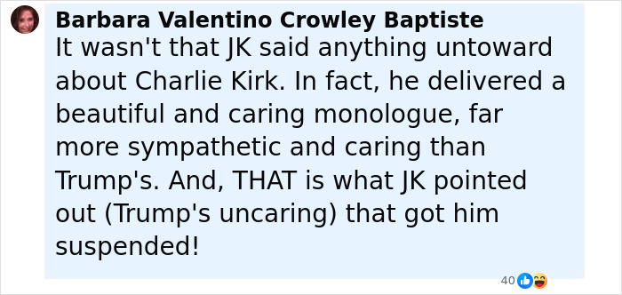 Comment discussing what Jimmy Kimmel said, related to his show suspension and Hollywood reactions. Comment discussing what Jimmy Kimmel said, related to his show suspension and Hollywood reactions.