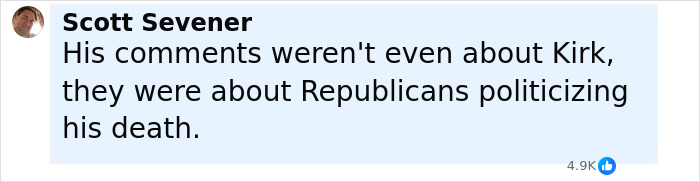 Comment from Scott Sevener addressing Republicans politicizing a death related to Jimmy Kimmel's show suspension. Comment from Scott Sevener addressing Republicans politicizing a death related to Jimmy Kimmel's show suspension.