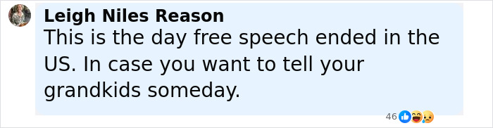 Comment by Leigh Niles Reason expressing concern over free speech related to Jimmy Kimmel show suspension. Comment by Leigh Niles Reason expressing concern over free speech related to Jimmy Kimmel show suspension.