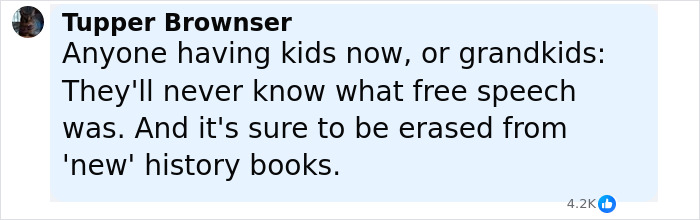 Comment from Tupper Brownser expressing concerns about free speech being erased, related to Jimmy Kimmel controversy. Comment from Tupper Brownser expressing concerns about free speech being erased, related to Jimmy Kimmel controversy.