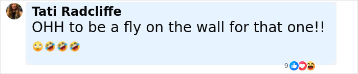 Comment by Tati Radcliffe expressing curiosity about an event with laughing and eye-rolling emojis. Comment by Tati Radcliffe expressing curiosity about an event with laughing and eye-rolling emojis.