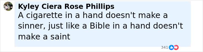 Text post by Kyley Ciera Rose Phillips stating a quote about cigarettes and Bibles, linked to Elon Musk accused of hypocrisy.