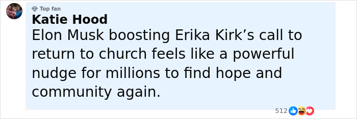 Alt text: Screenshot of a social media comment on Elon Musk accused of hypocrisy after reposting Erika Kirk&rsquo;s viral church message.