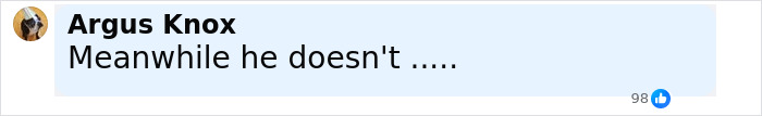 Comment by Argus Knox, stating Meanwhile he doesn't, with 98 likes, related to Elon Musk accused of hypocrisy.