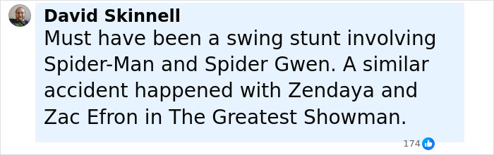 Comment about Tom Holland’s head injury from a Spider-Man stunt, referencing similar accidents involving Zendaya and Zac Efron. Comment about Tom Holland’s head injury from a Spider-Man stunt, referencing similar accidents involving Zendaya and Zac Efron.